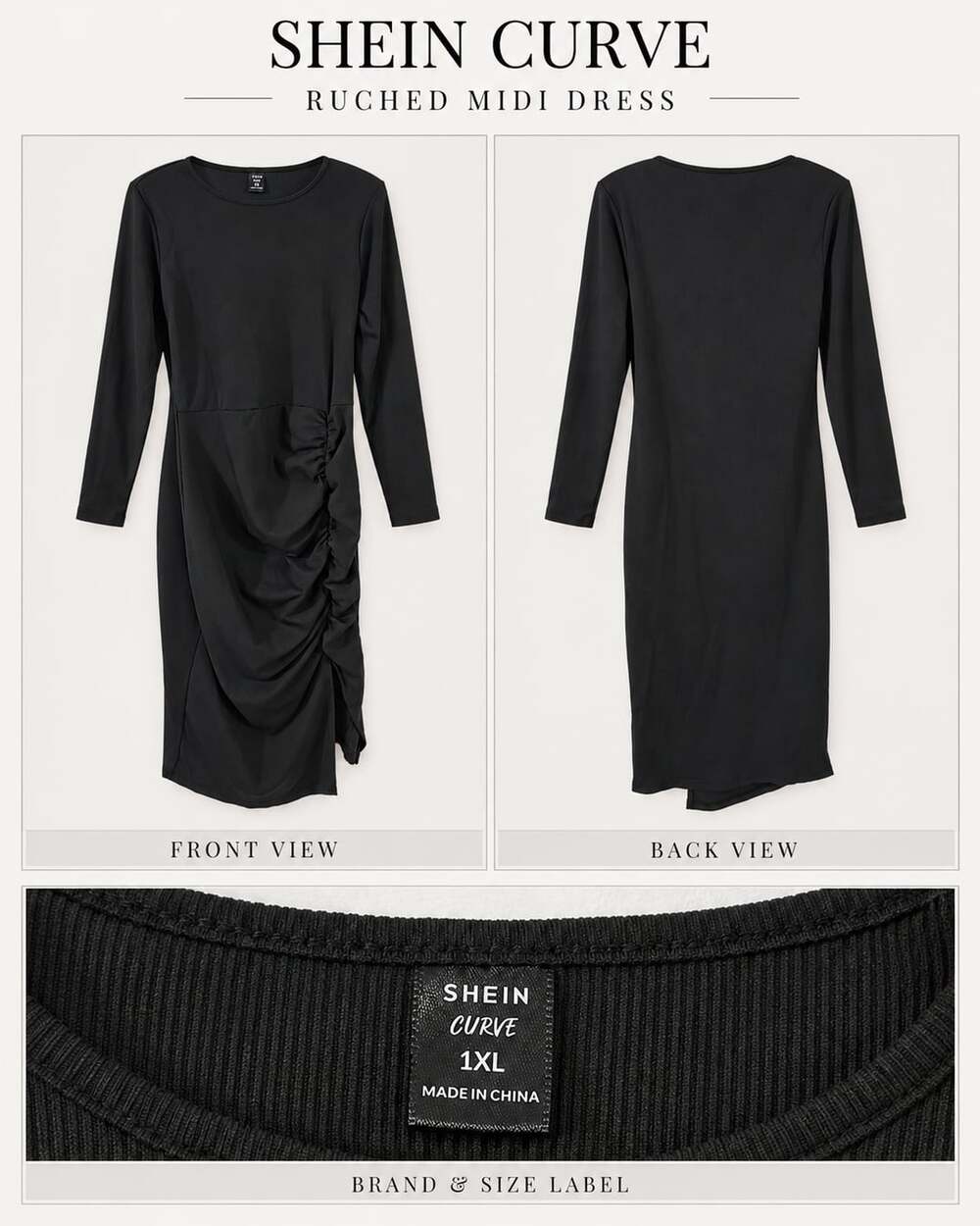 SHEIN Curve Ruched Midi Dress Black 1XL Long Sleeve Ribbed